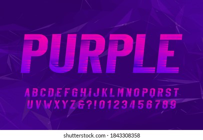 Purple alphabet font. Italic type letters and numbers. Abstract background. Stock vector typeface for your typography design.