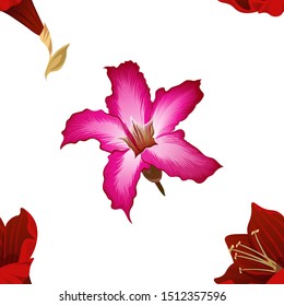 Purple Amaryllis. Pink Adenium. Vector illustration. Seamless background pattern. Floral botanical flower. Wild leaf wildflower isolated. Exotic tropical hawaiian jungle. Fabric wallpaper print.