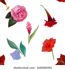 Purple Amaryllis. Pink Balsam. Red Hibiscus. Purple Bllflower. Red Amaryllis. Red and Pink Ginger. Vector illustration. Seamless background pattern. Floral botanical flower. Wild leaf wildflower.