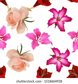 Purple Amaryllis. Pink Bauhinia Purpurea. Pink Rose. Pink Adenium. Vector illustration. Seamless background pattern. Floral botanical flower. Wild leaf wildflower isolated. Exotic tropical hawaiian.