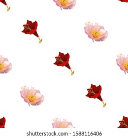 Purple Amaryllis. Pink Peony. Vector illustration. Seamless background pattern. Floral botanical flower. Wild leaf wildflower isolated. Exotic tropical hawaiian jungle. Fabric wallpaper print texture.