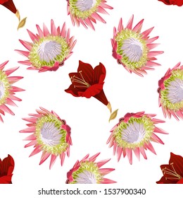 Purple Amaryllis. Pink Protea. Vector illustration. Seamless background pattern. Floral botanical flower. Wild leaf wildflower isolated. Exotic tropical hawaiian jungle. Fabric wallpaper print.