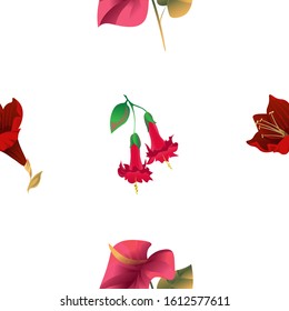 Purple Amaryllis. Red Calla. Red Angel Trumpet. Vector illustration. Seamless background pattern. Floral botanical flower. Wild leaf wildflower isolated. Exotic tropical hawaiian jungle. Fabric.