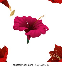 Purple Amaryllis. Red Hibiscus. Vector illustration. Seamless background pattern. Floral botanical flower. Wild leaf wildflower isolated. Exotic tropical hawaiian jungle. Fabric wallpaper print.