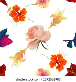 Purple Amaryllis. Red Vriesea. Yellow Hibiscus. Orange Rose Mallow. Yellow Guzmania. Pink Rose. Vector illustration. Seamless background pattern. Floral botanical flower. Wild leaf wildflower.