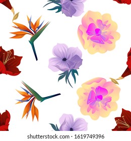 Purple Amaryllis. Violet Anemone. Orange Strelitzia Reginae. Yellow Magnolia. Vector illustration. Seamless background pattern. Floral botanical flower. Wild leaf wildflower isolated. Exotic.