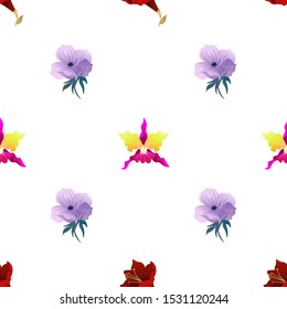 Purple Amaryllis. Violet Anemone. Pink Orchid. Vector illustration. Seamless background pattern. Floral botanical flower. Wild leaf wildflower isolated. Exotic tropical hawaiian jungle. Fabric.
