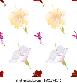 Purple Amaryllis. Yellow hibiscus. White Hibiscus. Pink and Purple Fuchsia Bella. Vector illustration. Seamless background pattern. Floral botanical flower. Wild leaf wildflower isolated. Exotic.