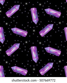 Purple amethyst crystals and tiny spark, seamless pattern, print fabric, wallpaper, background, web, boho vintage style, magic witchcraft design, vector EPS 8