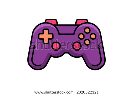 Purple analog gamepad for virtual game playing video game joystick outline icon vector flat illustration. Cyberspace electronic entertainment accessory pc wireless pad for gamer digital technology