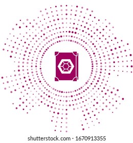 Purple Ancient magic book with alchemy recipes and mystic spells and enchantments icon isolated on white background. Abstract circle random dots. Vector Illustration
