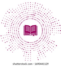 Purple Ancient magic book with alchemy recipes and mystic spells and enchantments icon isolated on white background. Abstract circle random dots. Vector Illustration