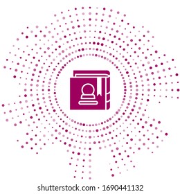 Purple Ancient magic book with alchemy recipes and mystic spells and enchantments icon isolated on white background. Abstract circle random dots. Vector Illustration