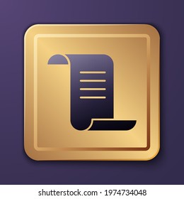 Purple Ancient magic book with alchemy recipes and mystic spells and enchantments icon isolated on purple background. Gold square button. Vector