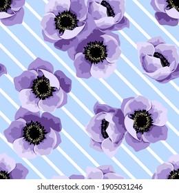 Purple anemone flower, diagonal white stripes, blue background. Seamless pattern. Vector illustration.