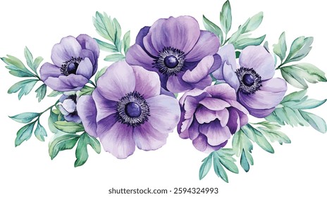 Purple Anemone Watercolor Bouquet - Isolated Flowers vector illustration
