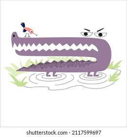 Purple angry crocodile and little bird. Vector fun illustration for children's prints