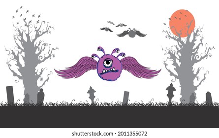 purple and angry monster. walking in the cemetery.

