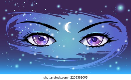 Los ojos morados de anime sobre el fondo del cielo estrellado nocturno. Ilustración vectorial en estilo manga y anime. Imagen vectorial de una mirada penetrante desde el espacio.