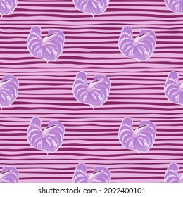 Purple anthurium flowers seamless pattern on stripe background. Exotic hawaiian plants backdrop. Vintage tropical botanical wallpaper. Design for fabric , textile print, surface, wrapping paper, cover