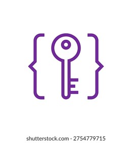 purple api key icon featuring a classic key symbol inside curly code brackets representing secure access authentication developer credentials and software authorization in minimal flat design