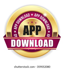 Purple app download badge with gold border