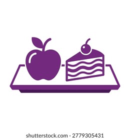 A purple apple and slice of cake on a tray, simple food icons, healthy dessert option, fruit and cake