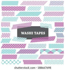 Purple, Aqua and White Washi Tape Strips with Torn Edges and Different Patterns. Semitransparent. Photo Frame Border, Web Blog Layout Element, Clip Art, Scrapbook Embellishment. Global colors used.