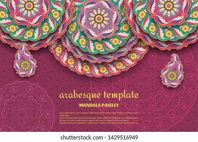 Purple arabesque floral pattern with paisley and mandala. Flower and leaves patterns. Vector illustration.