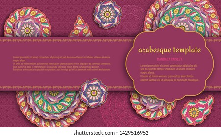 Purple arabesque floral pattern with paisley and mandala. Flower and leaves patterns. Vector illustration.