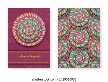 Purple arabesque floral pattern with paisley and mandala. Flower and leaves patterns. Vector illustration.