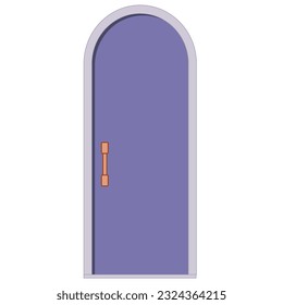 Purple arch type door with light frame and door handle isolated on white background. Clipart.