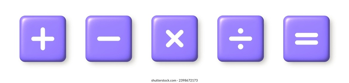 Purple arithmetic icons. 3d cartoon design element. Vector illustration.