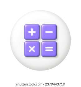 Iconos aritméticos púrpura sobre botón blanco. 3d elemento de diseño de dibujos animados. Ilustración vectorial.