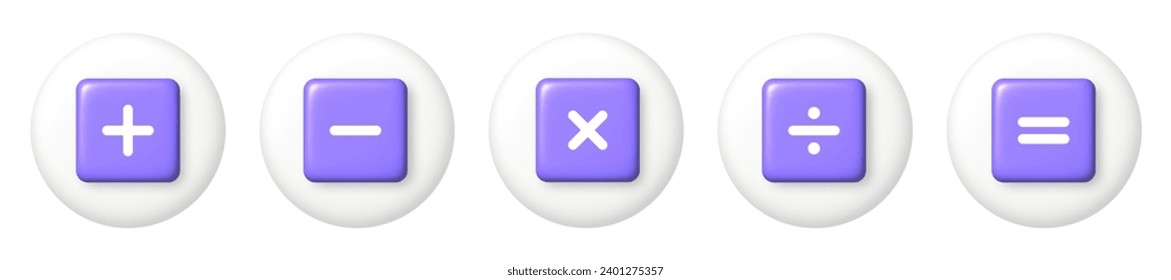 Purple arithmetic icons on white button. 3d cartoon design element. Vector illustration.