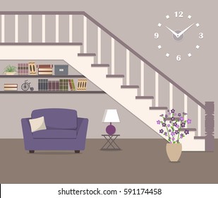 Purple armchair, located under the stairs. There is also a vase with flowers, a lamp and big clock in the picture. Vector flat illustration.