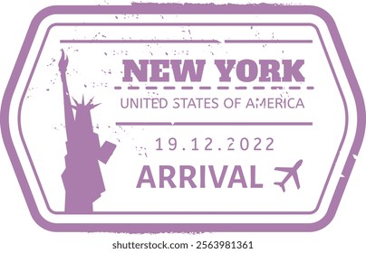 Purple arrival stamp for New York City, United States of America, with date and airplane icon, evoking international travel and immigration control