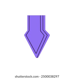 Purple arrow, cursor line pointing downward. Geometric shape, signpost showing direction. Route sign guides down, symbol indicates way to move. Flat isolated vector illustration on white background