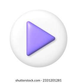 Purple arrow on white button. play button. 3d realistic design element. vector illustration.