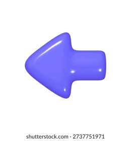Purple arrow pointing left in a realistic 3D plastic cartoon style. The direction navigation symbol is isolated on a white background. Vector illustration.