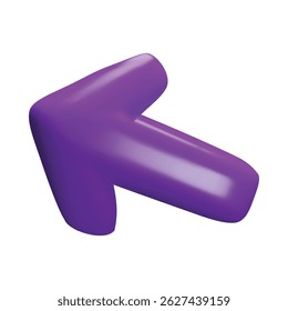 Paarse pijl vorm 3D plastic cartoon stijl pictogram. Doodle pijl linker aanwijzer, cursor volume ontwerpelement. Glanzende richting of navigatie kronkelen. Vector render illustratie geïsoleerd op wit
