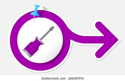 Purple arrow with white frame and screwdriver