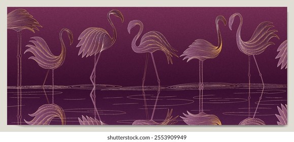 Purple art background with flamingo birds on the lake hand drawn in line style. Minimalistic banner for wallpaper, print, textile, poster, interior design, cover, social media, decor