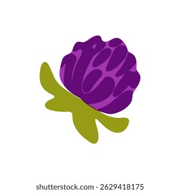 Purple Artichoke with Green Leaves Illustration. Stylized purple artichoke with green leaves in flat drawing style on white background.