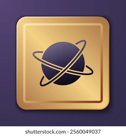 Purple Artificial satellites orbiting the planet Earth in outer space icon isolated on purple background. Communication, navigation concept. Gold square button. Vector