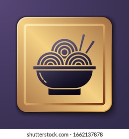 Purple Asian noodles in bowl and chopsticks icon isolated on purple background. Street fast food. Korean, Japanese, Chinese food. Gold square button. Vector Illustration