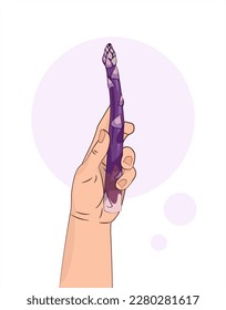 Espárragos morados. Espárragos en mano. Una verdura en mano humana. Alimentos saludables. Fondo blanco de ilustración vectorial aislada. Hortalizas moradas.