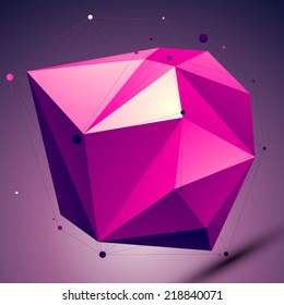 Purple asymmetric 3D abstract object with lines and dots placed on dark background.