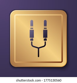 Purple Audio jack icon isolated on purple background. Audio cable for connection sound equipment. Plug wire. Musical instrument. Gold square button. Vector Illustration