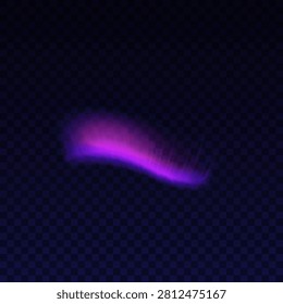 Purple aurora borealis polar light vector realistic illustration. Northern lights with neon glowing effect on transparent background. Overlay luminance of arctic natural phenomenon. Solar wind shine